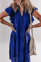 Blue LuckeLadybug LLC Fit and Flare Midi Dress with Ruffled Sleeves and Tiered Design