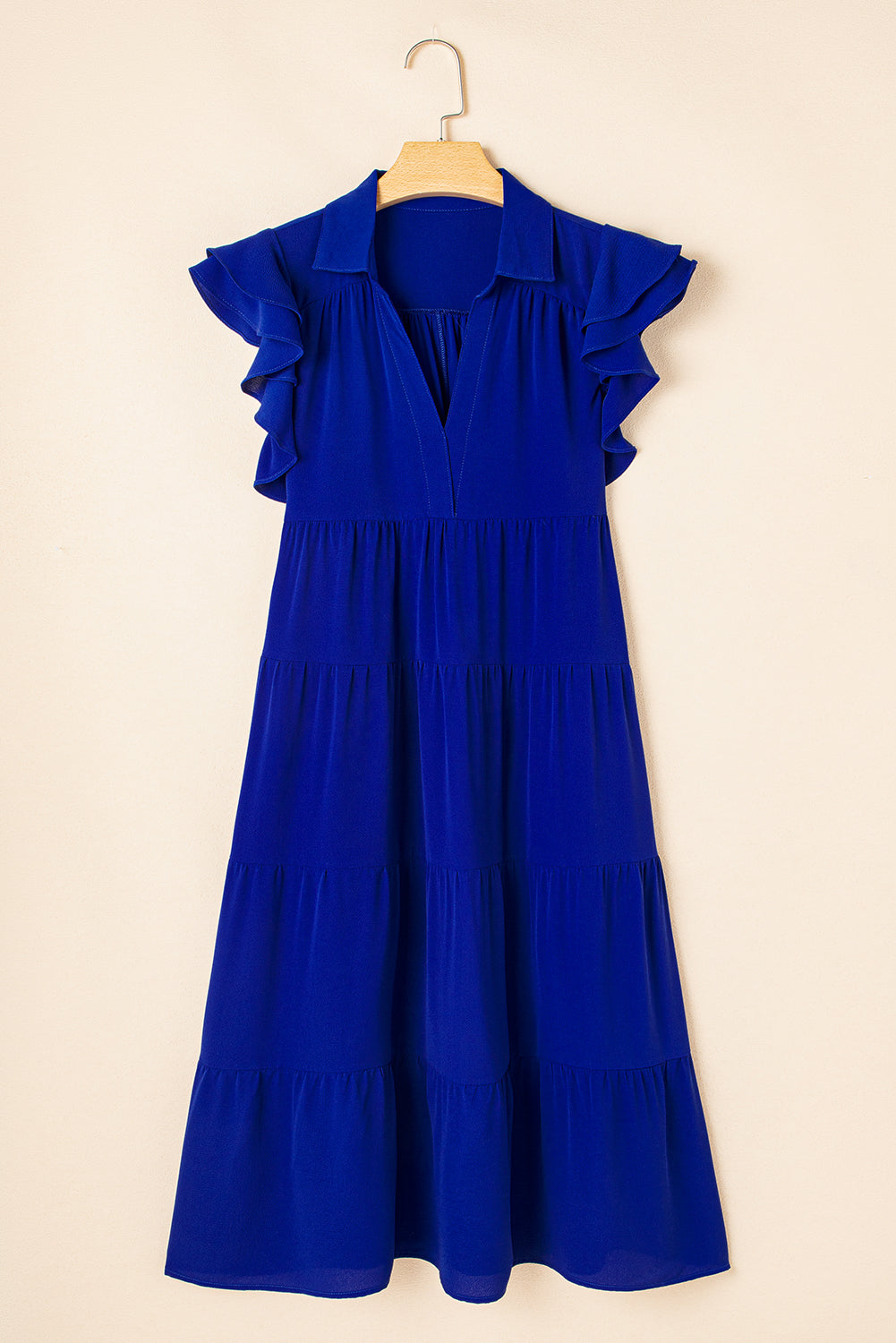 LuckeLadybug LLC Fit & Flare Midi Dress in Vibrant Blue with Ruffled Sleeves and Tiered Design