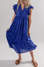 LuckeLadybug LLC Women's Blue Midi Dress with Ruffle Sleeves and Tiered Design