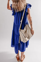 Blue midi dress from LuckeLadybug with ruffle sleeves, perfect for casual outings or summer events