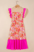 LuckeLadybug LLC Fit & Flare Midi Dress in Floral Print with Ruffled Sleeves and Fuchsia Bottom