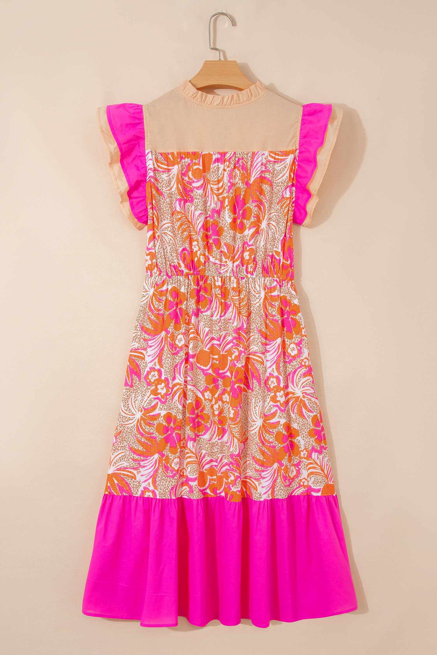 LuckeLadybug LLC Fit & Flare Midi Dress in Floral Print with Ruffled Sleeves and Fuchsia Bottom