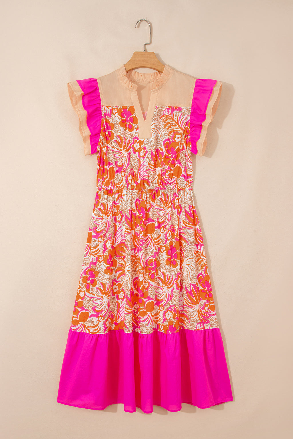 Colorful floral LuckeLadybug midi dress with ruffle sleeves and a stylish flared design