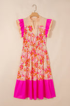 Colorful floral LuckeLadybug midi dress with ruffle sleeves and a stylish flared design