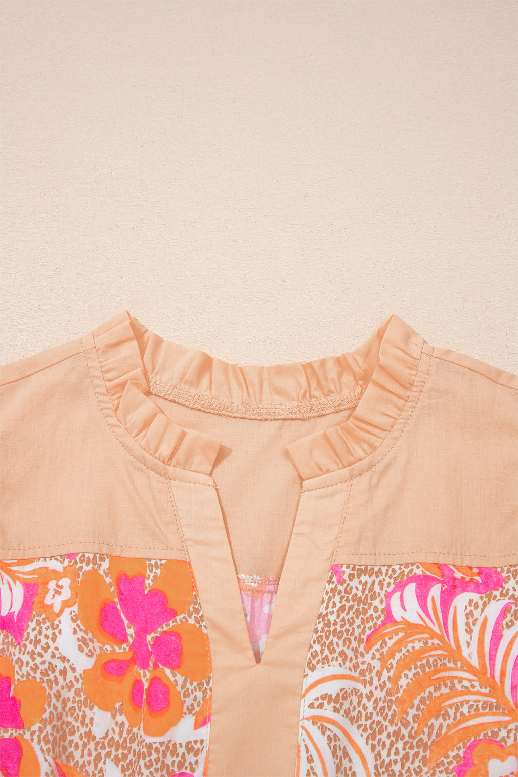 Peach Fit & Flare Midi Dress with Colorful Floral Patterns and Ruffled Neckline Detail