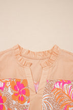 Peach Fit & Flare Midi Dress with Colorful Floral Patterns and Ruffled Neckline Detail