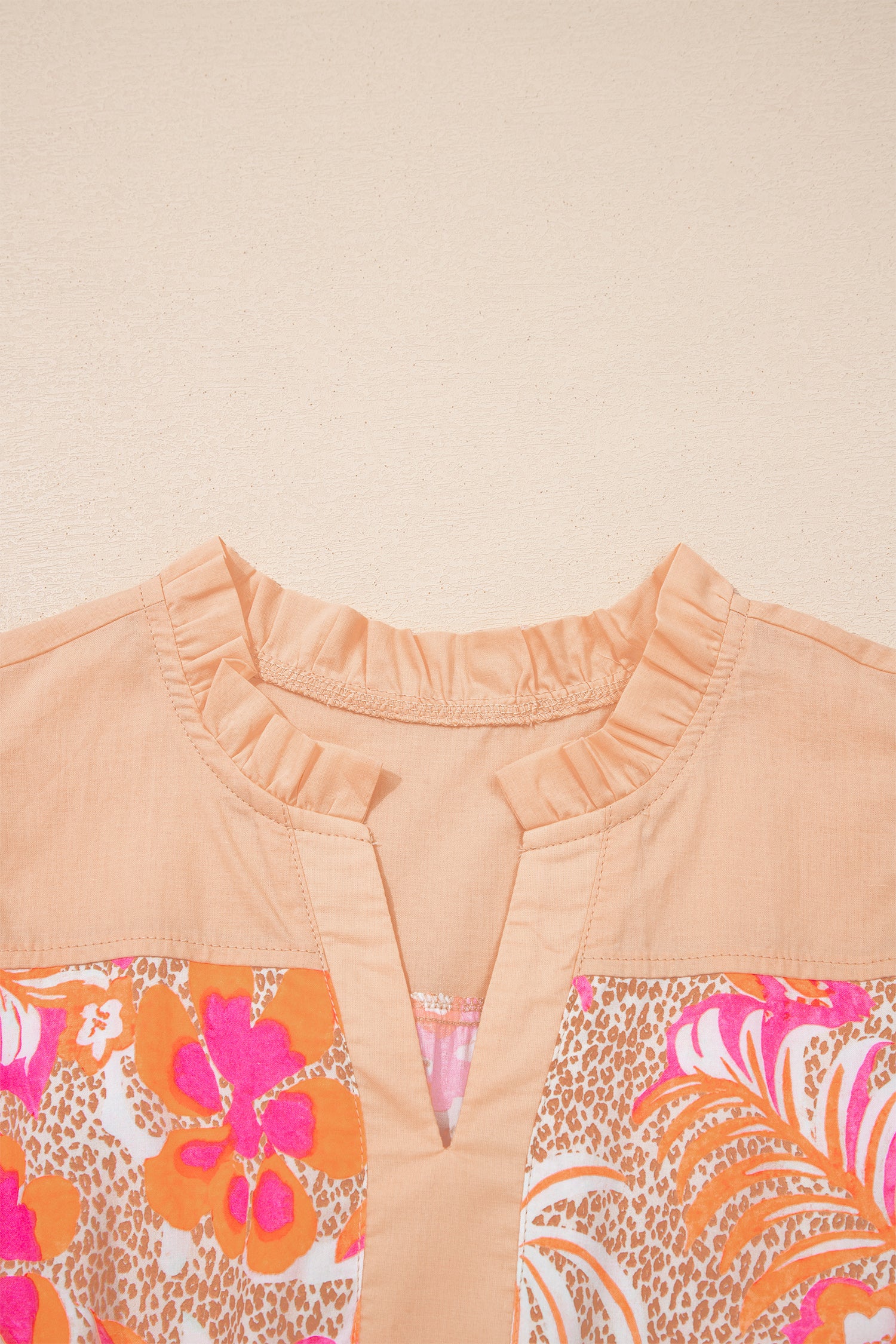 Peach Fit & Flare Midi Dress with Colorful Floral Patterns and Ruffled Neckline Detail