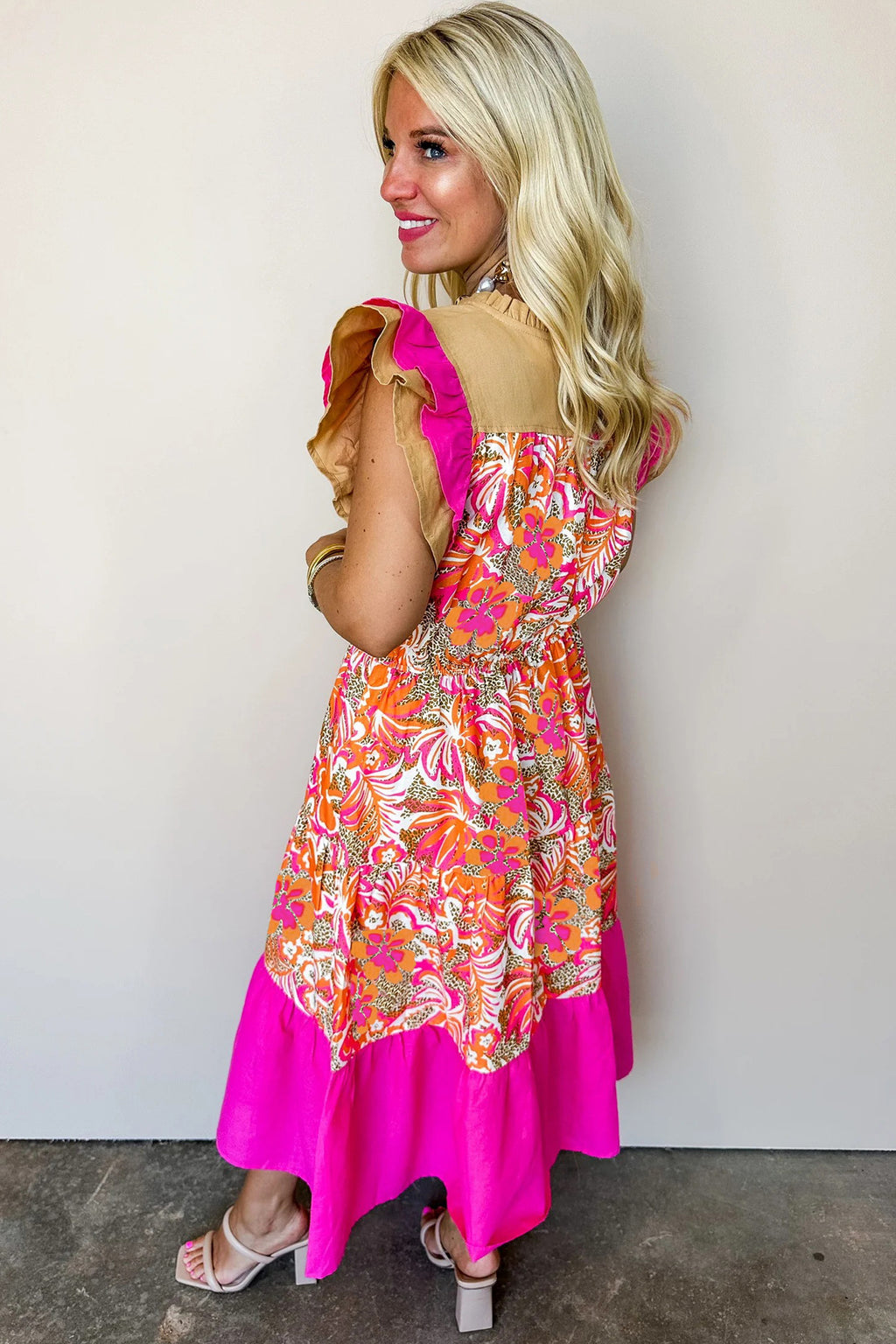 LuckeLadybug LLC Fit & Flare Midi Dress with Floral Print and Ruffled Sleeves in Pink and Orange