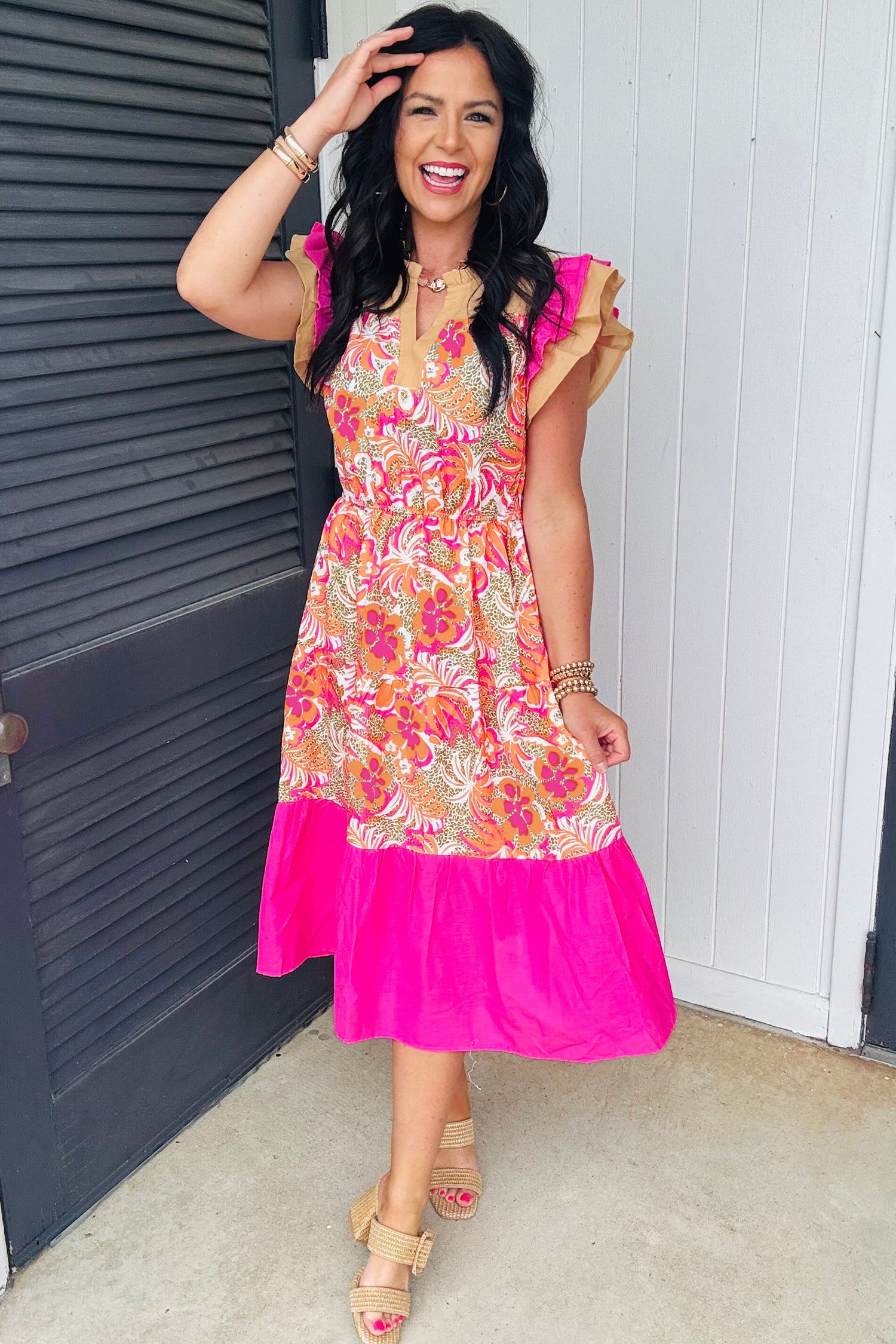 LuckeLadybug LLC Fit & Flare Midi Dress with Floral Design and Ruffled Sleeves in Pink