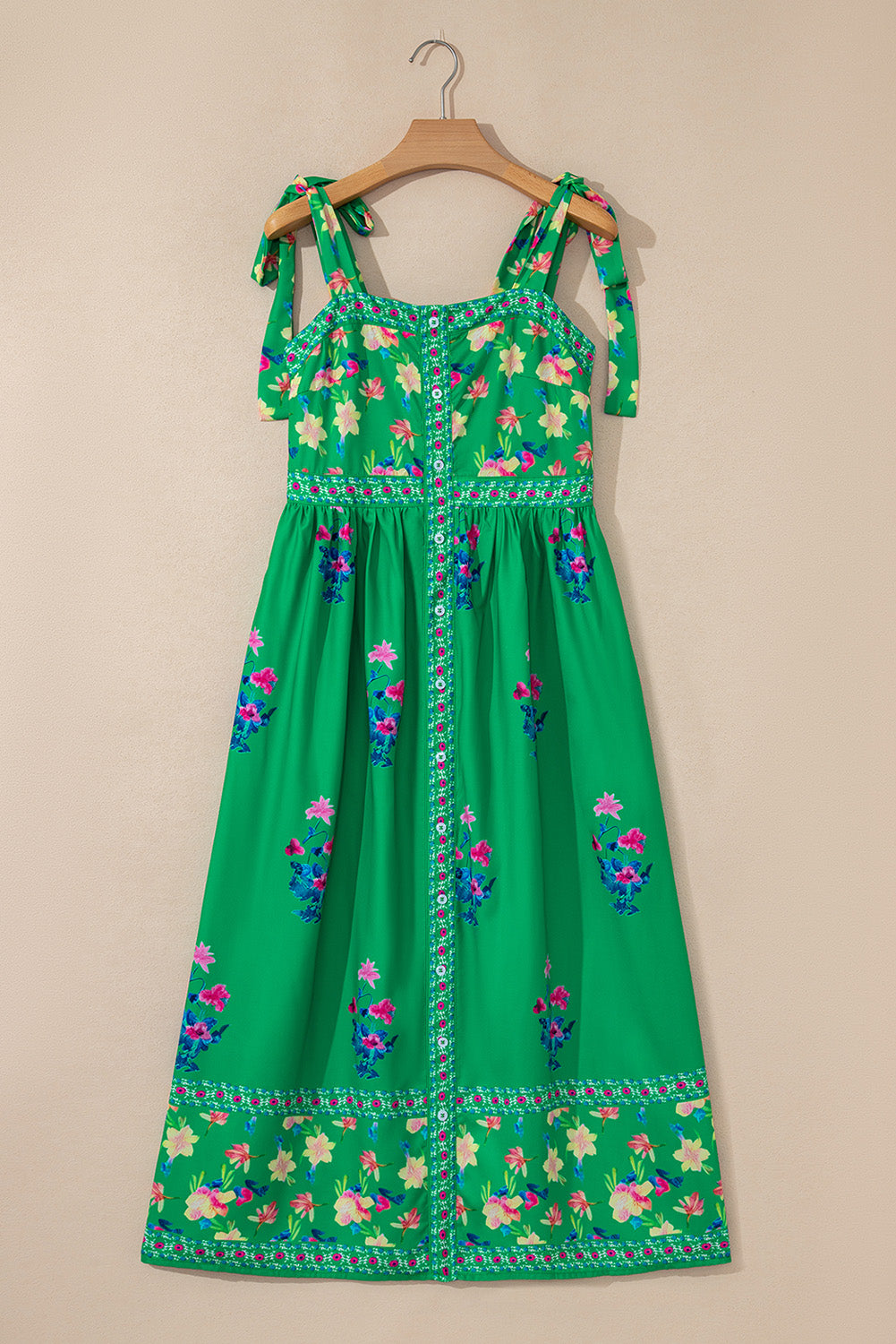 LuckeLadybug LLC Floral Green Fit & Flare Midi Dress with Adjustable Straps
