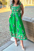 LuckeLadybug LLC Green Midi Dress with Floral Embroidery and Pockets for a Stylish Summer Look