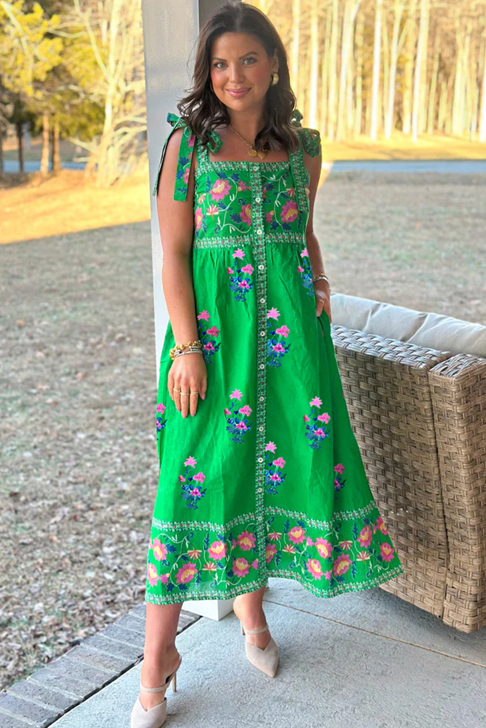 LuckeLadybug LLC Green Fit & Flare Midi Dress with Floral Embroidery and Adjustable Straps