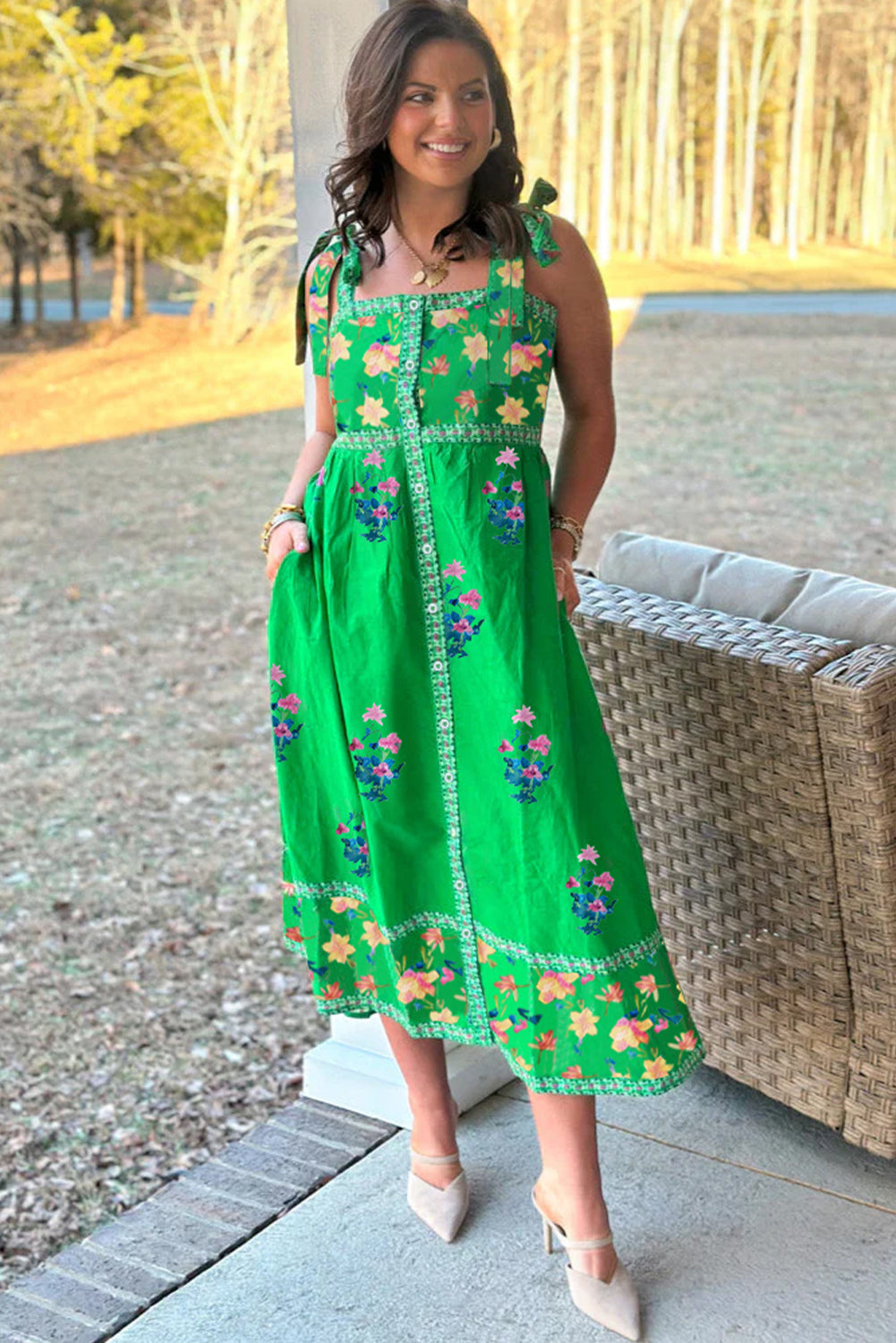 LuckeLadybug LLC Green Midi Dress with Floral Embroidery and Tie Straps for Spring Fashion