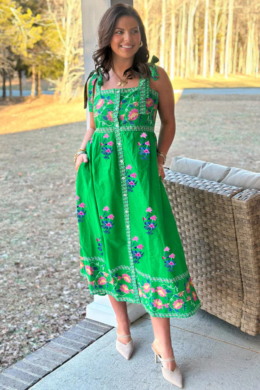 LuckeLadybug LLC Green Fit & Flare Midi Dress with Colorful Floral Embroidery and Spaghetti Straps