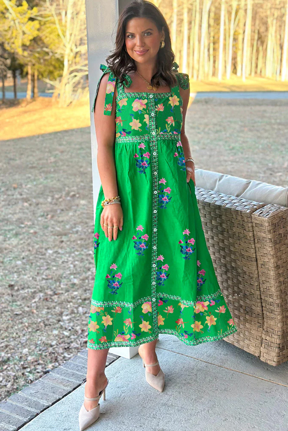 LuckeLadybug LLC Fit and Flare Midi Dress in Green with Floral Embroidery and Pockets