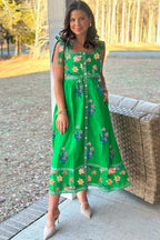 LuckeLadybug LLC Fit and Flare Midi Dress in Green with Floral Embroidery and Pockets