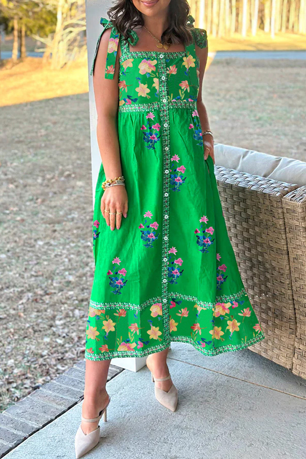 LuckeLadybug LLC Bright Green Midi Dress with Floral Embroidery and Pockets for Spring Fashion