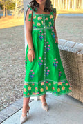 LuckeLadybug LLC Bright Green Midi Dress with Floral Embroidery and Pockets for Spring Fashion