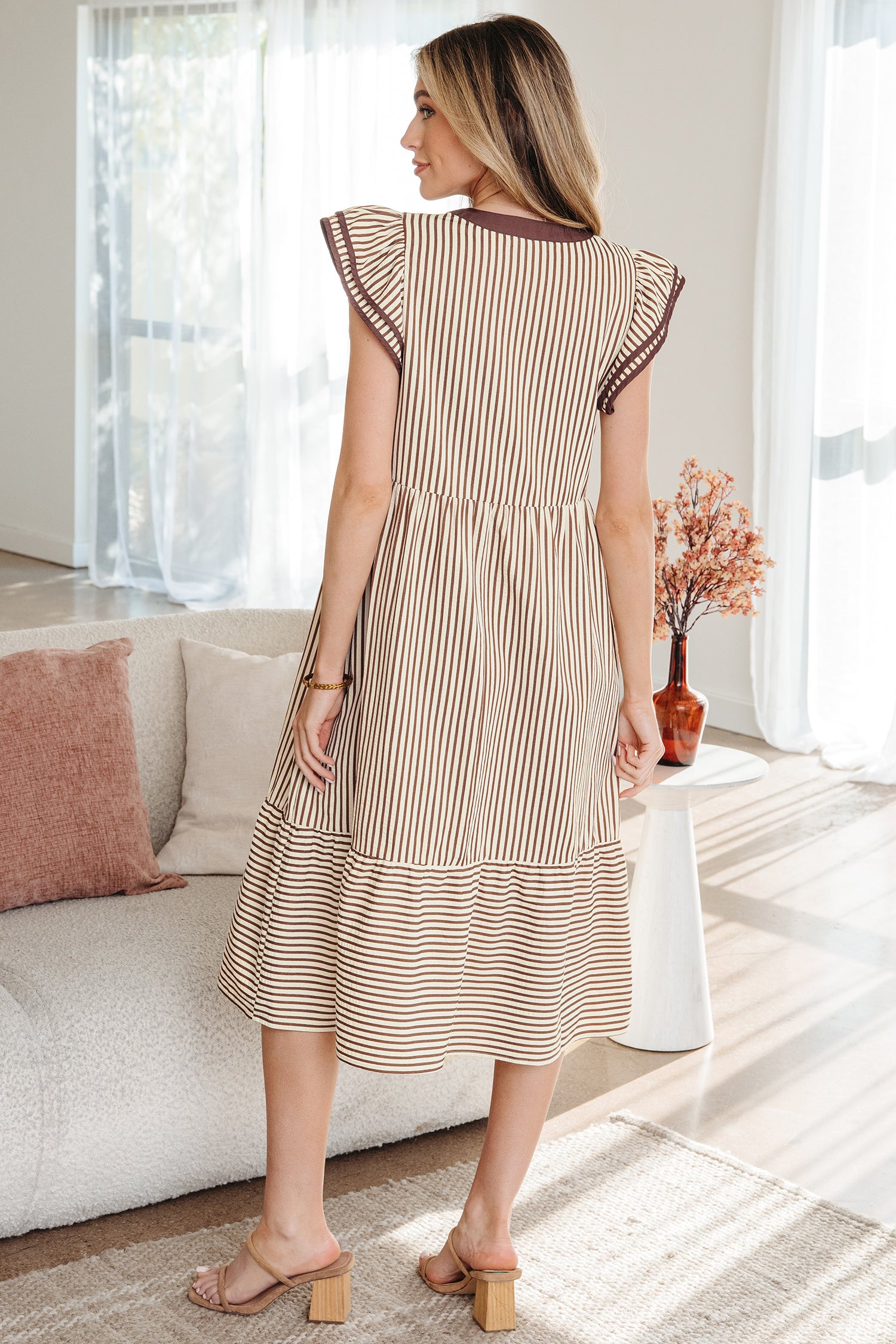 LuckeLadybug LLC Striped Fit & Flare Midi Dress with Ruffled Sleeves and Tiered Skirt