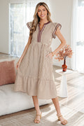LuckeLadybug LLC Striped Fit & Flare Midi Dress with Ruffled Sleeves and Pockets