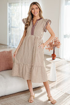 LuckeLadybug LLC Striped Fit & Flare Midi Dress with Ruffled Sleeves and Pockets