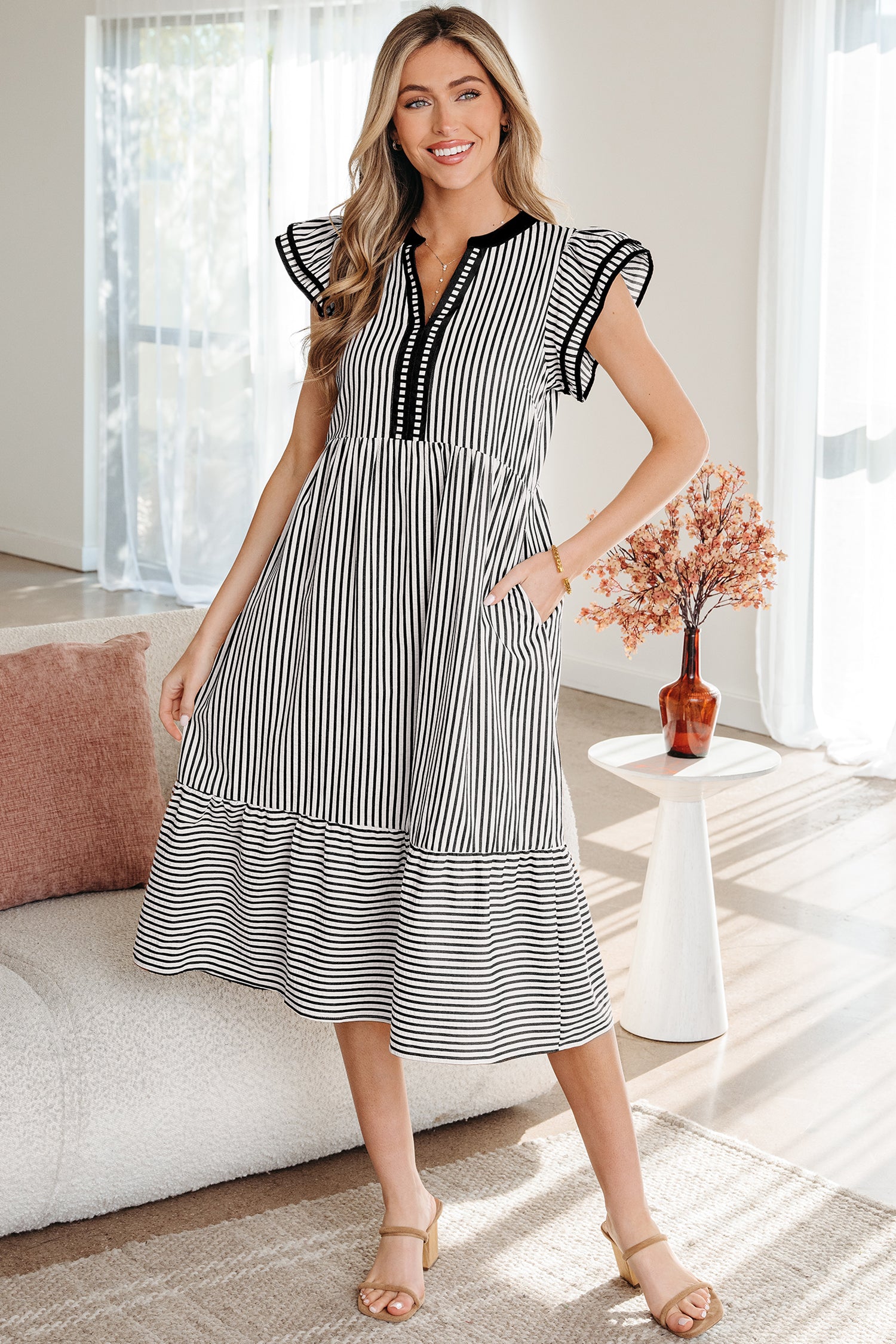 LuckeLadybug Striped Midi Dress with Flutter Sleeves and Pockets for Comfortable Style
