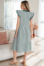 LuckeLadybug LLC Fit & Flare Striped Midi Dress with Ruffled Sleeves and Tiered Design