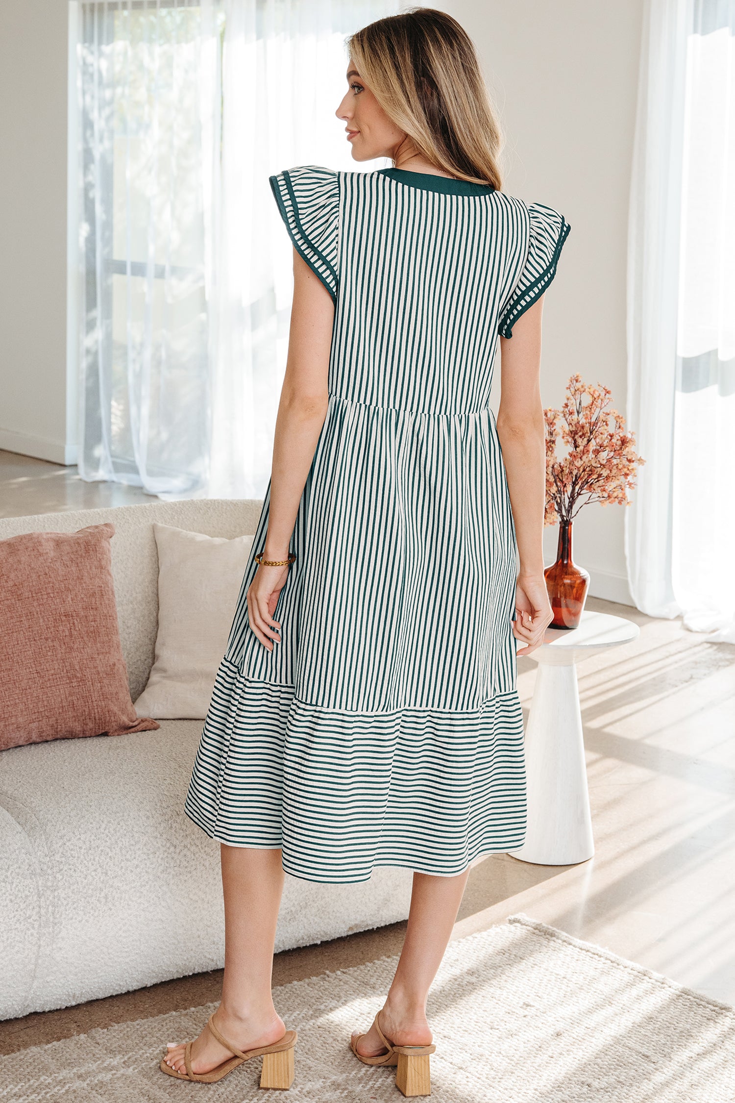 LuckeLadybug LLC Fit & Flare Striped Midi Dress with Ruffled Sleeves and Tiered Design