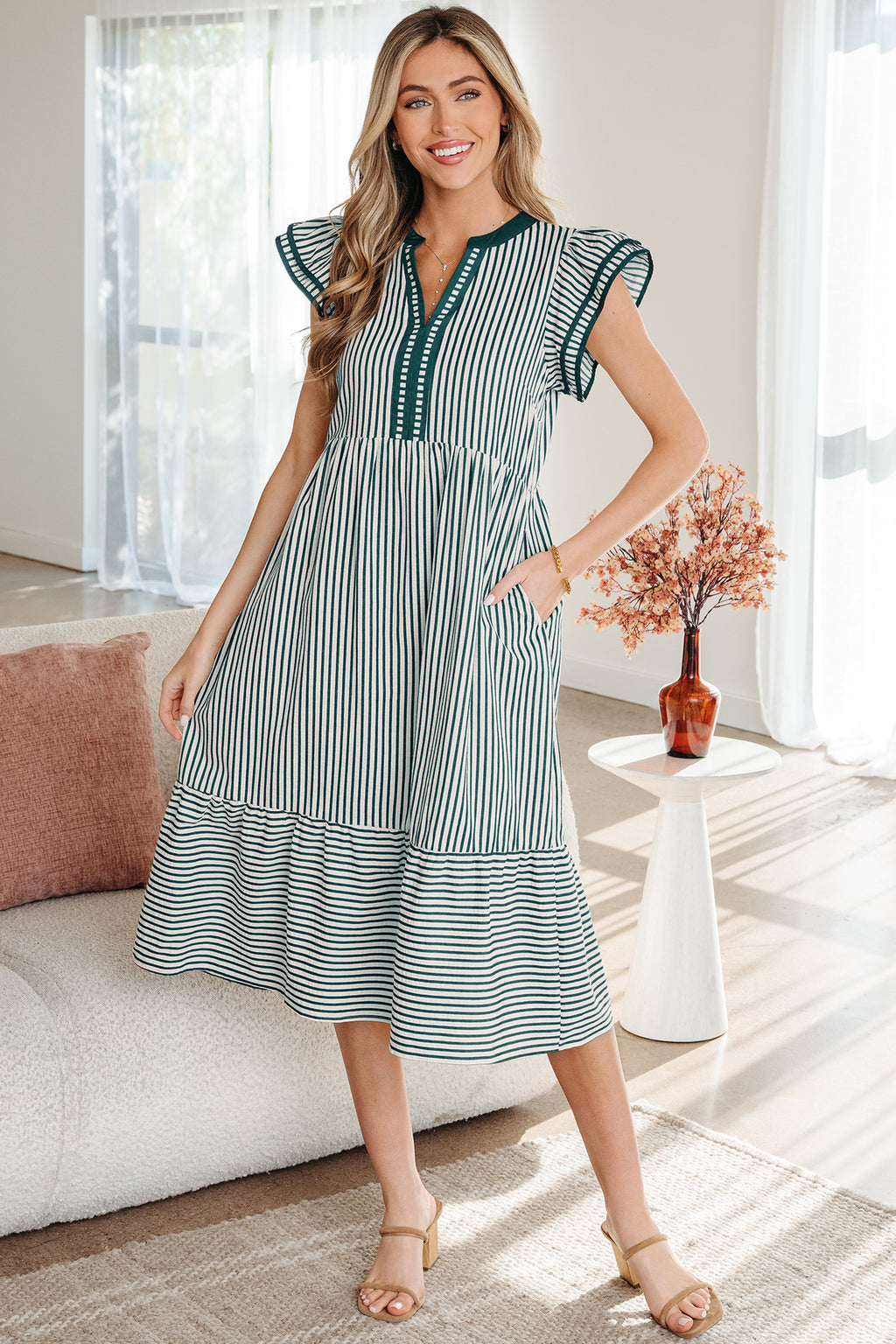 LuckeLadybug LLC Striped Fit & Flare Midi Dress with Ruffle Sleeves and Pockets