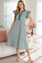LuckeLadybug LLC Striped Fit & Flare Midi Dress with Ruffle Sleeves and Pockets
