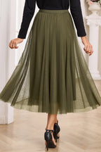 Apricot Tulle Mesh Overlay Flared Midi Skirt