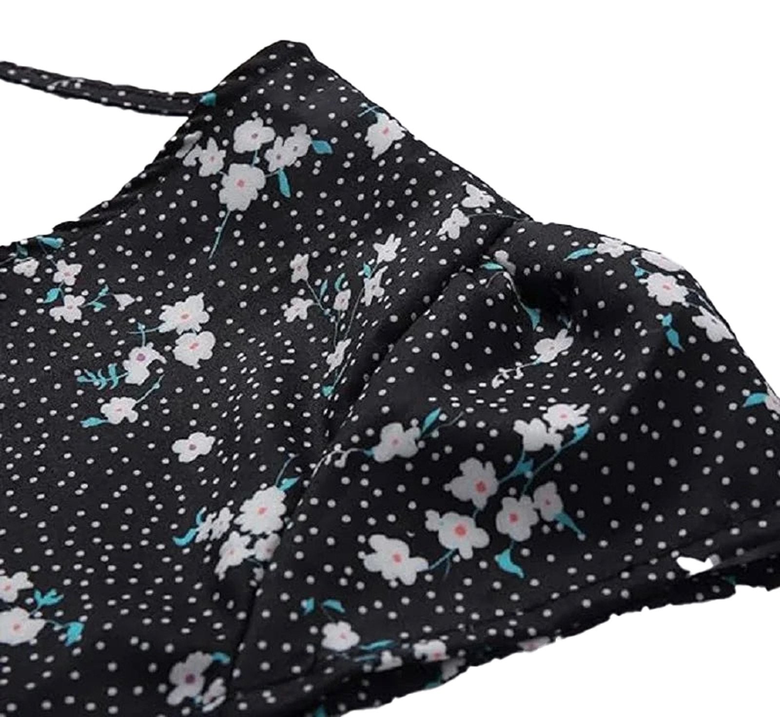 LuckeLadybug mini floral dress for women with a black background and delicate white flowers