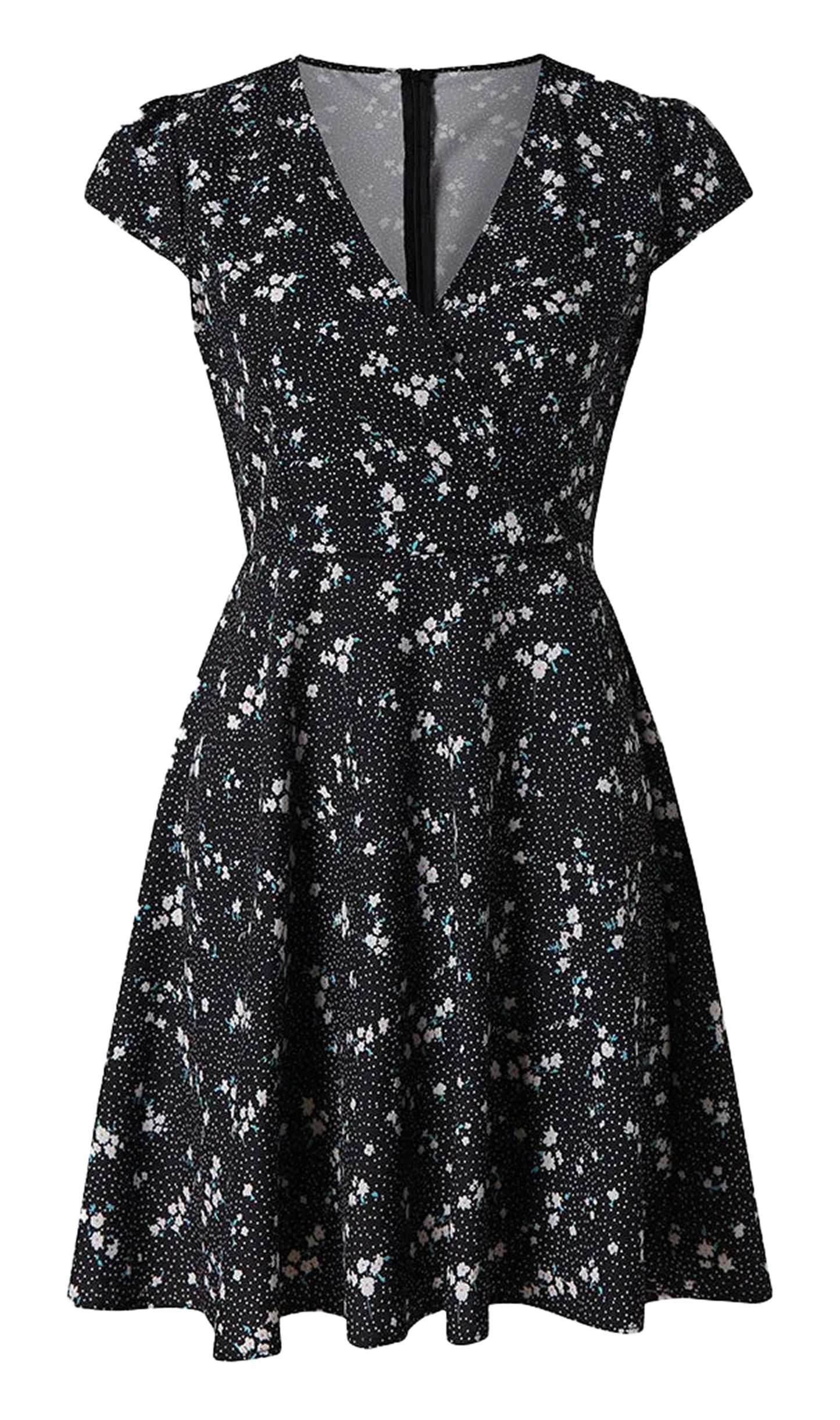 LuckeLadybug mini floral dress for women in black with cap sleeves and a flared skirt