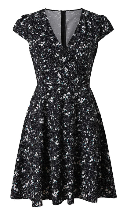 LuckeLadybug mini floral dress for women in black with cap sleeves and a flared skirt