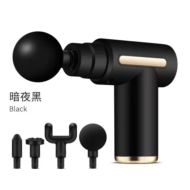 LuckeLadybug mini massage gun for muscle relaxation with multiple attachment heads in sleek black design