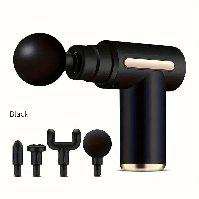LuckeLadybug mini massage gun for muscle relaxation with different attachment heads in black