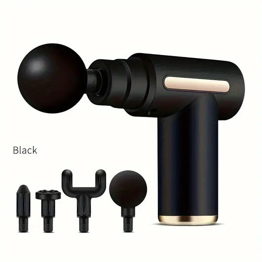LuckeLadybug mini massage gun for muscle relaxation with different attachment heads in black