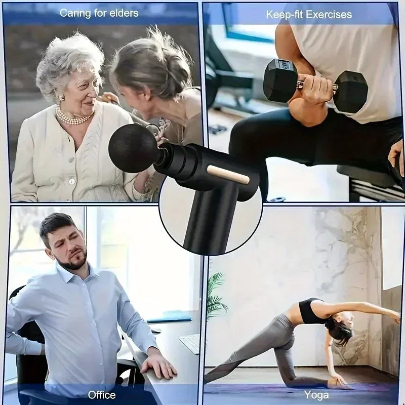 LuckeLadybug mini massage gun for muscle relaxation featured in multiple usage scenarios including office and yoga