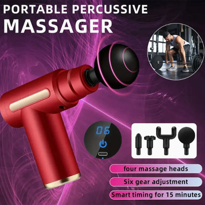 LuckeLadybug mini massage gun for muscle relaxation with four attachments and six adjustable speed settings