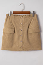 Camel Corduroy Buttoned Front Faux Pockets Mini Skirt