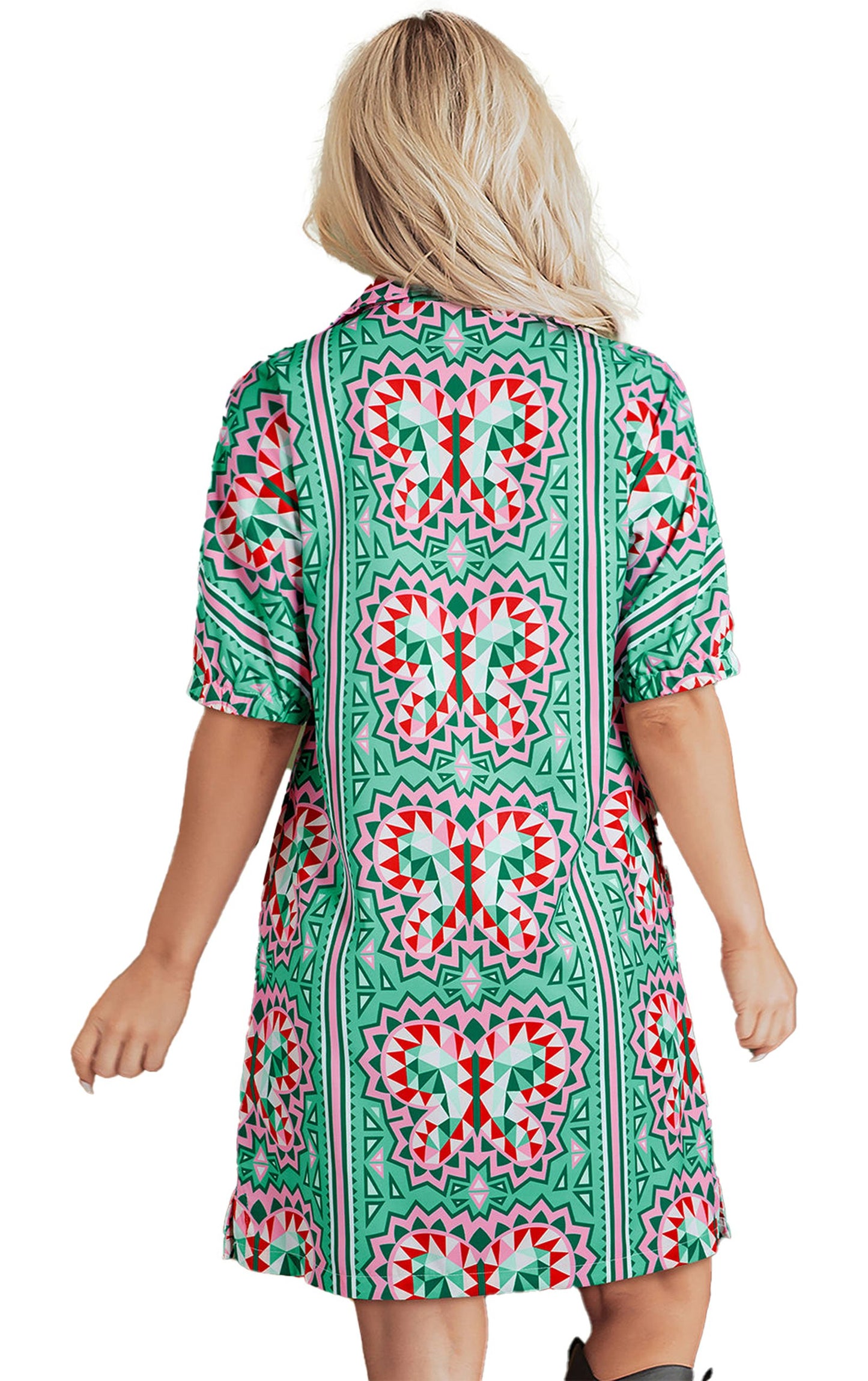 Back view of a mint green geometric dress by LuckeLadybug with colorful patterns