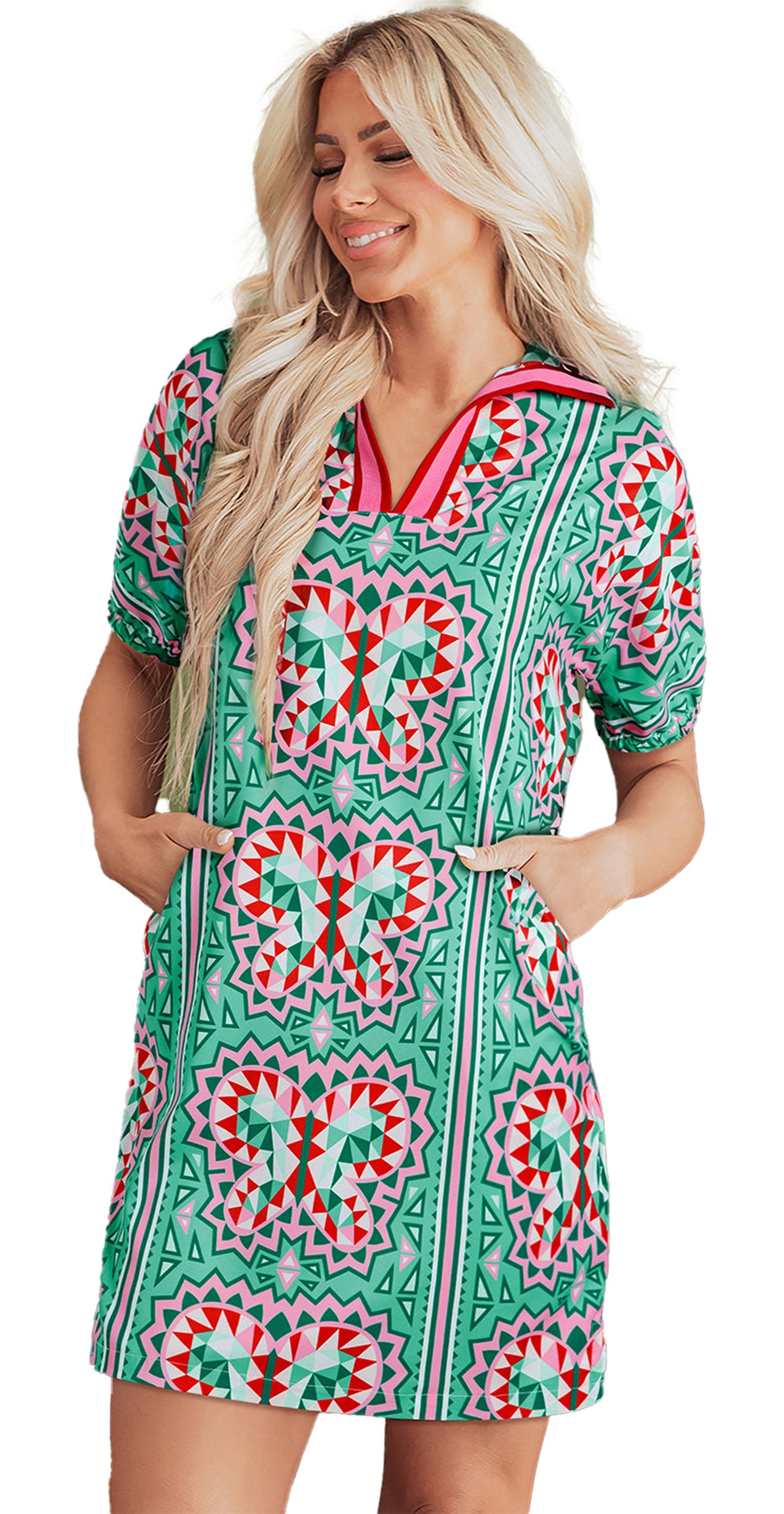 LuckeLadybug mint green geometric dress with short sleeves and pockets for a stylish summer look
