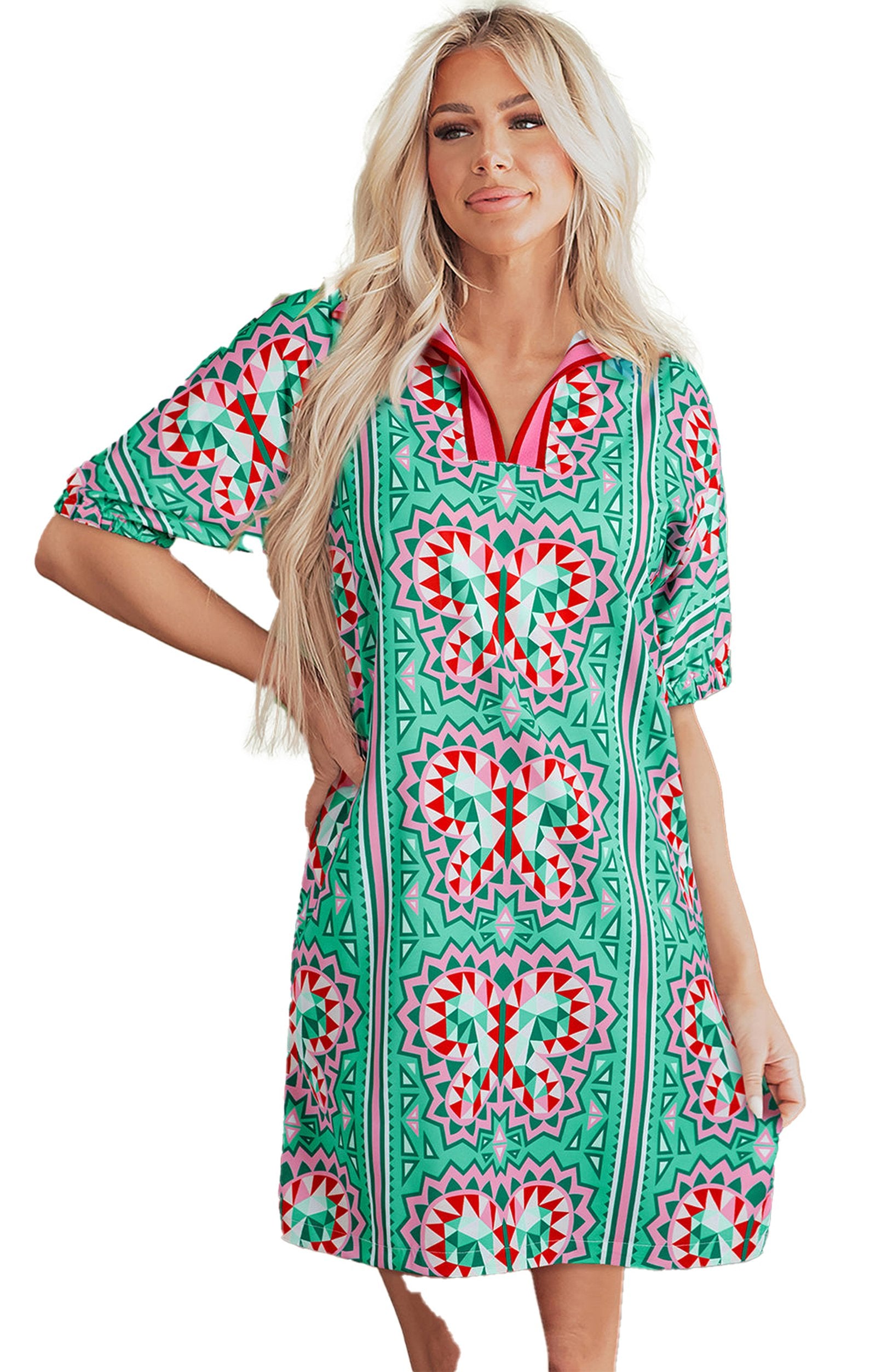 LuckeLadybug mint green geometric dress with vibrant patterns and a relaxed fit for casual outings