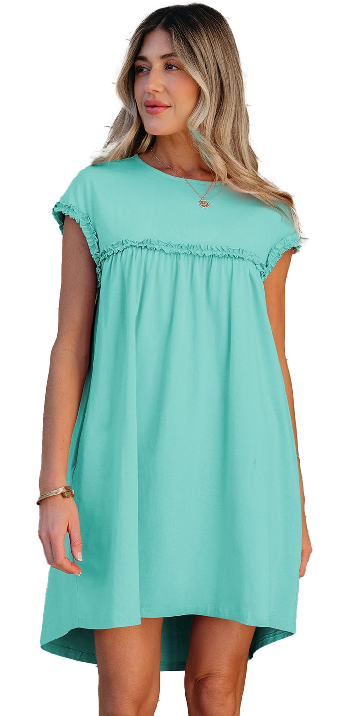 LuckeLadybug mint green mini dress with short sleeves and a relaxed fit for a casual summer look
