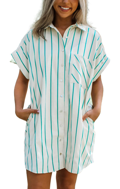 LuckeLadybug mint green striped shirt dress with a relaxed fit and pockets for casual summer wear