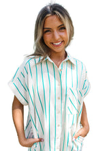 Mint green striped shirt dress by LuckeLadybug with relaxed fit and short sleeves