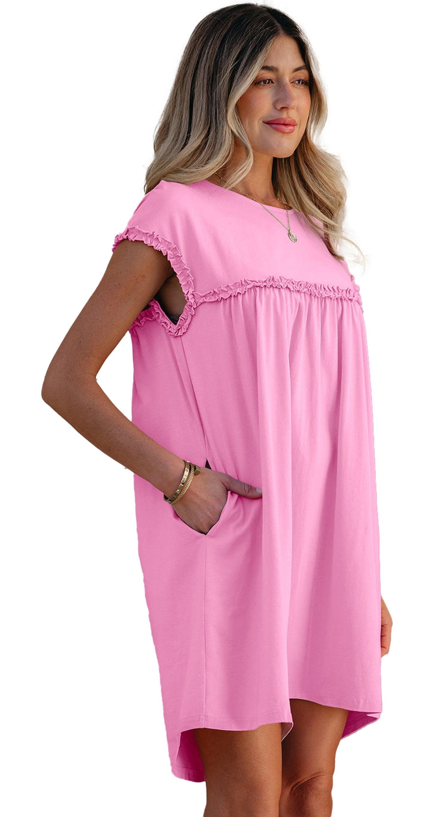 LuckeLadybug Pink Mini Dress with Ruffled Sleeves and Pockets, Comfortable Summer Style