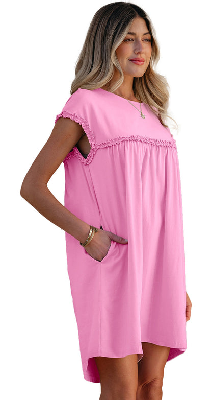 LuckeLadybug Pink Mini Dress with Ruffled Sleeves and Pockets, Comfortable Summer Style