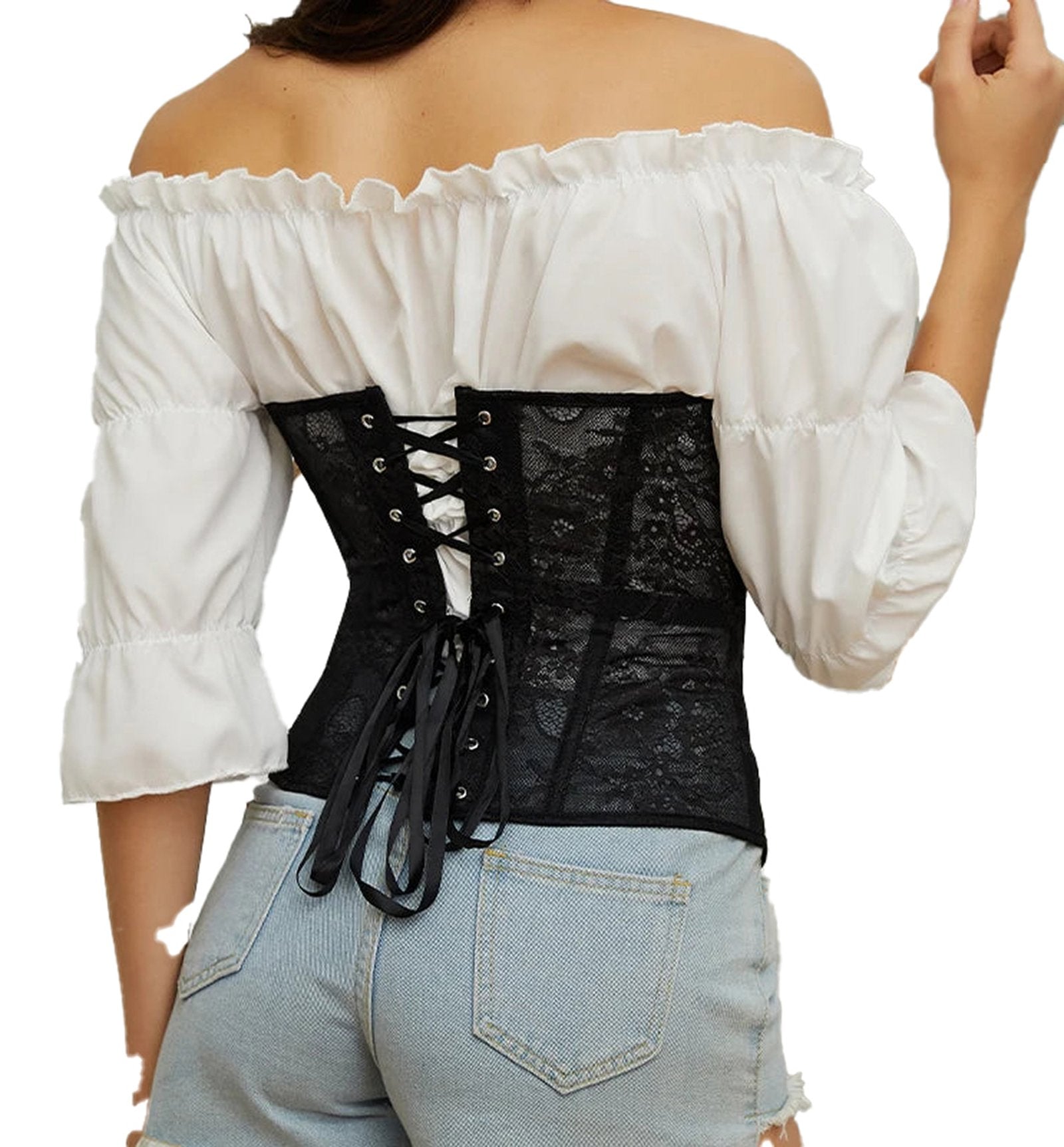 Gothic lace corset belt styled with a white off-shoulder top for a chic fashion look