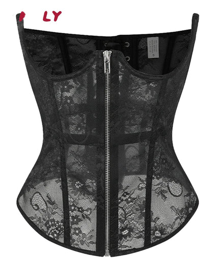 Black gothic lace corset belt featuring a zipper and lace detailing for a stylish fit